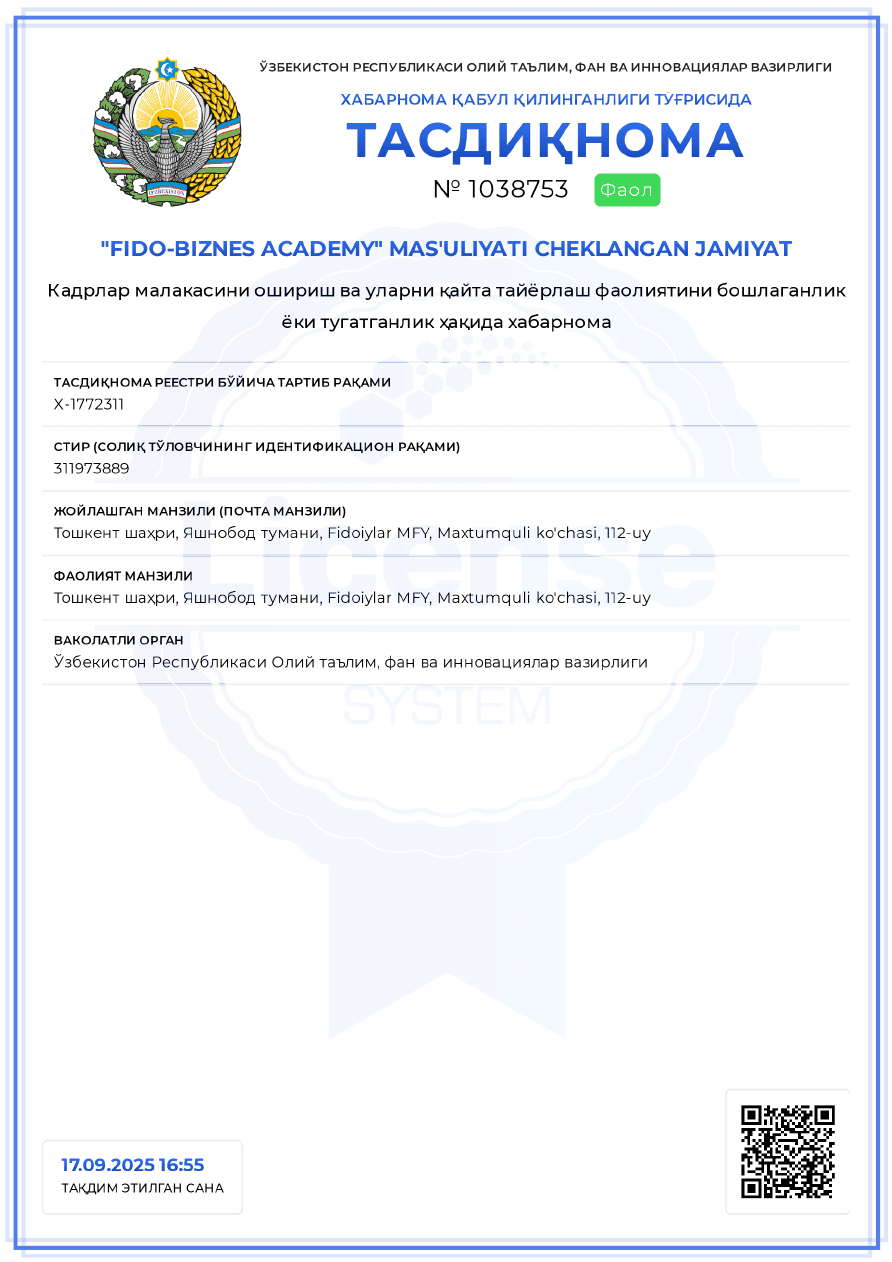 Fido-Biznes Academy litsenziyasi